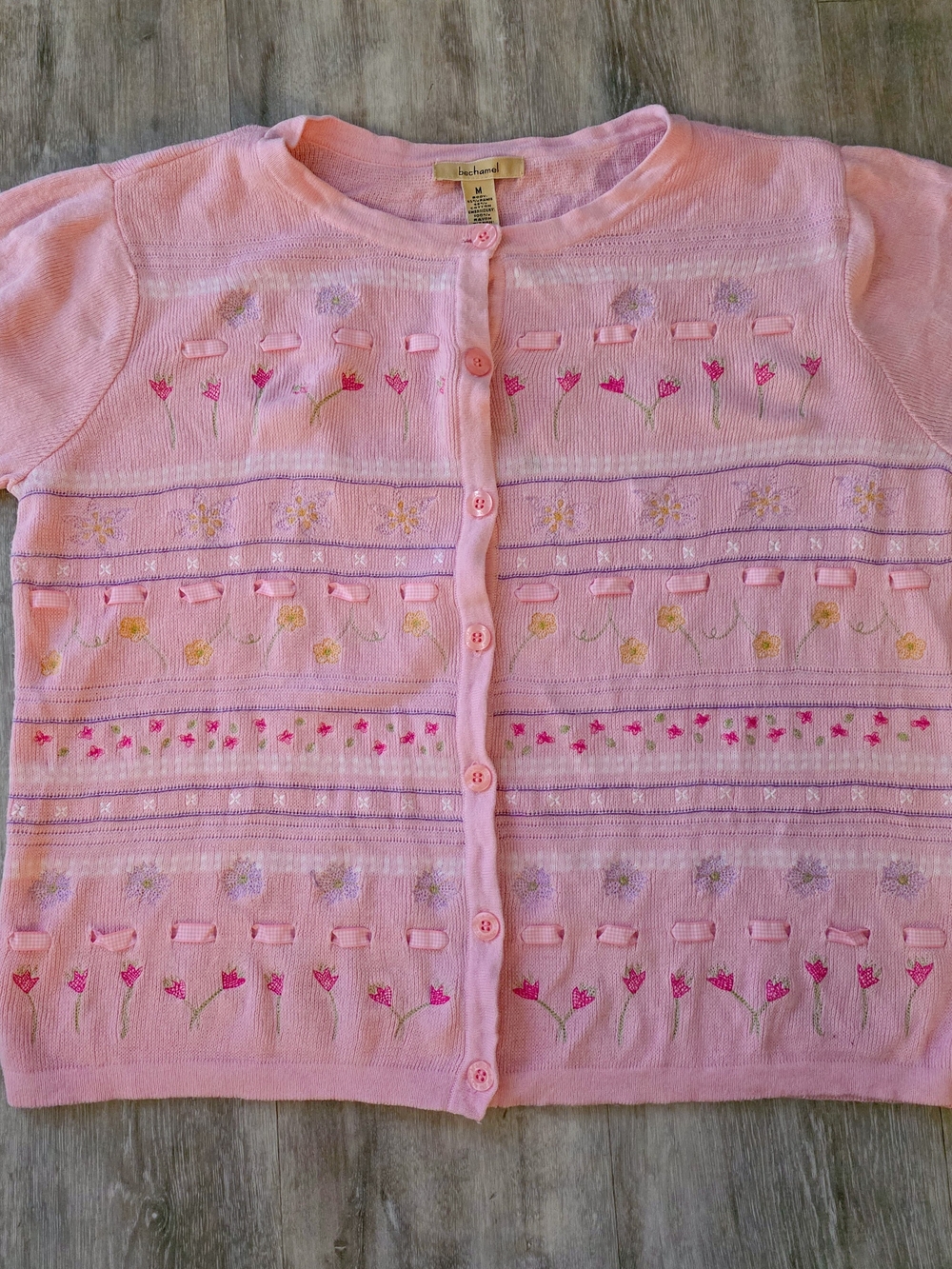 Bechamel Pink Floral Ribbon-Trim Button-Front Top